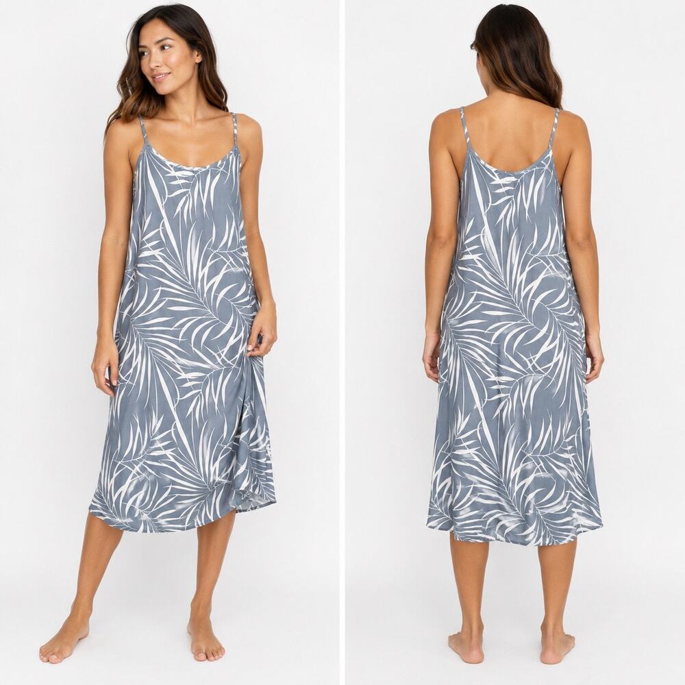 NA PUA HAWAII | Tropical Palm Print Slip Dress Blue Gray White Foliage | Large
